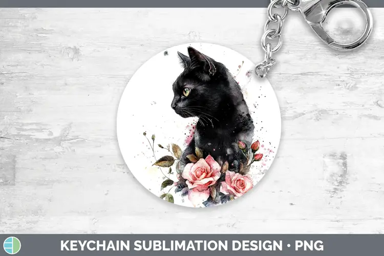 Watercolor Black Cat Keychain Sublimation Keyring Designs