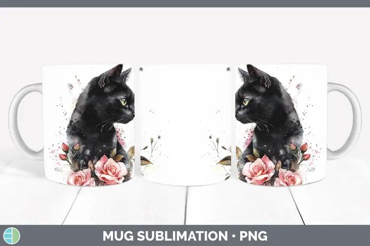 Watercolor Black Cat Mug Wrap Sublimation Coffee Cup Designs