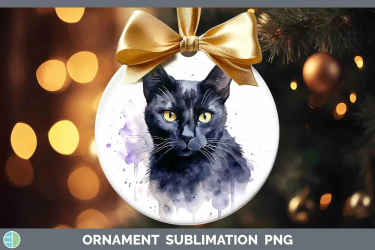 Watercolor Black Cat Ornament Sublimation Bauble Designs