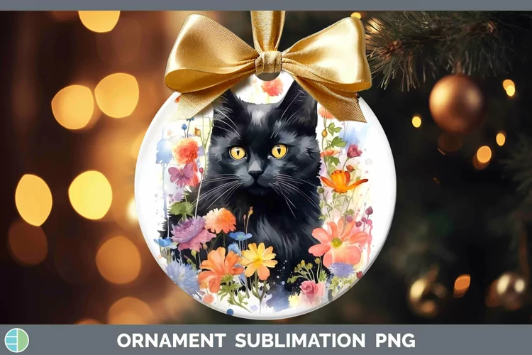 Watercolor Black Cat Ornament Sublimation Bauble Designs