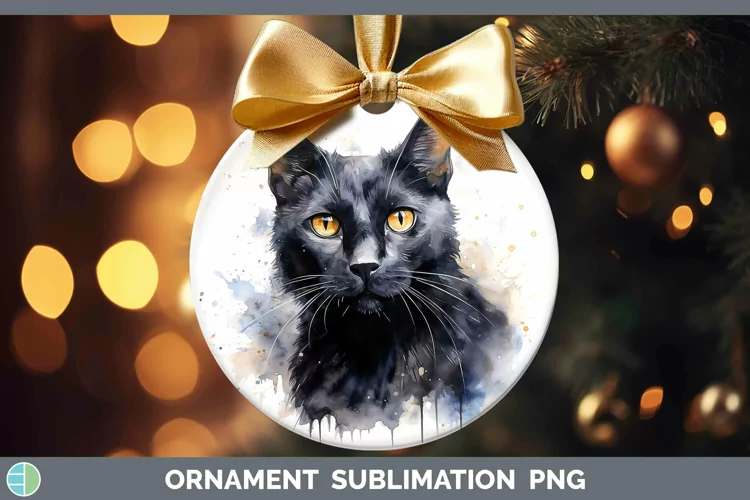 Watercolor Black Cat Ornament Sublimation Bauble Designs