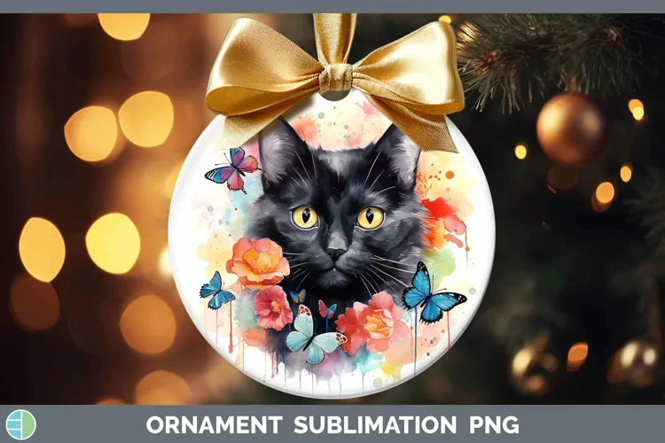 Watercolor Black Cat Ornament Sublimation Bauble Designs