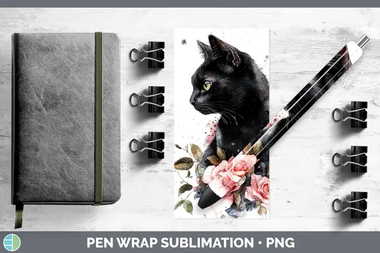 Watercolor Black Cat Pen Wrap Sublimation Pen Designs