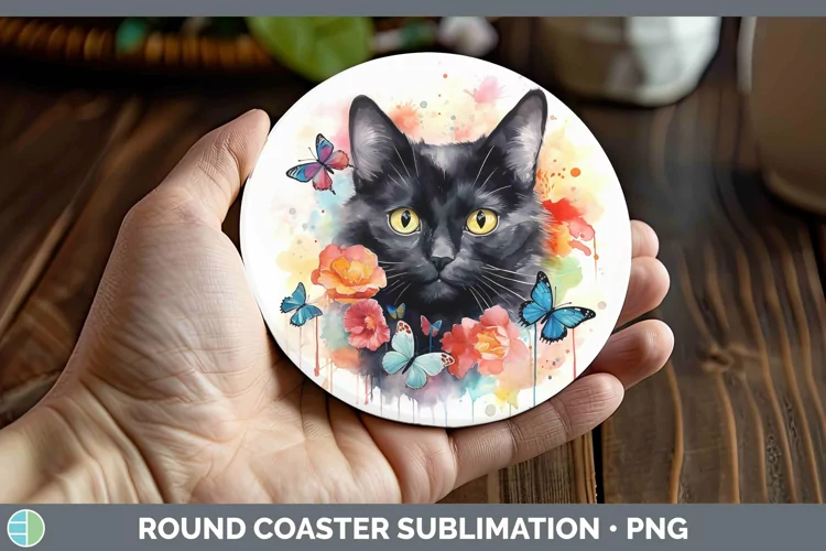Watercolor Black Cat Round Coaster Sublimation Coaster Desig