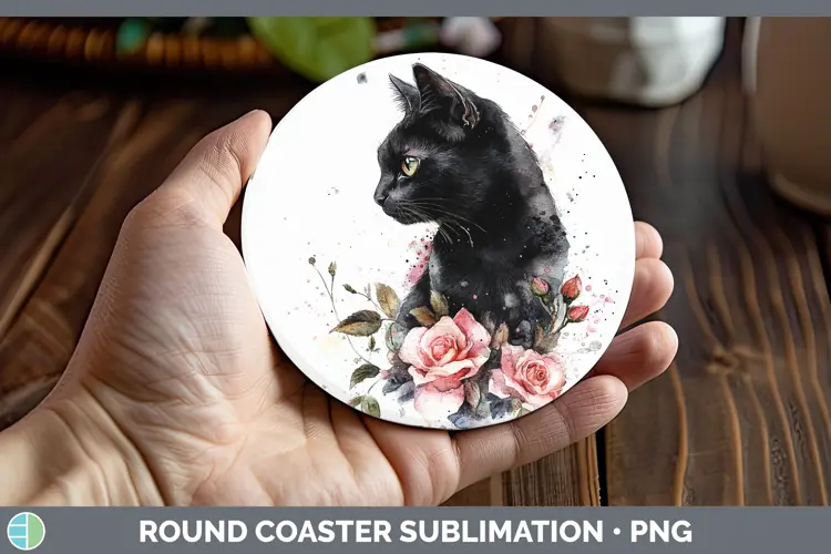Watercolor Black Cat Round Coaster Sublimation Coaster Desig