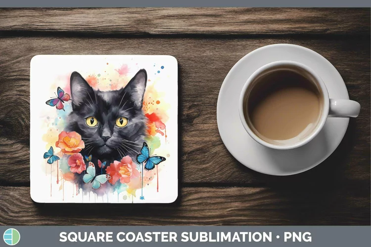 Watercolor Black Cat Square Coaster Sublimation Coaster Desi