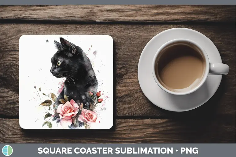 Watercolor Black Cat Square Coaster Sublimation Coaster Desi