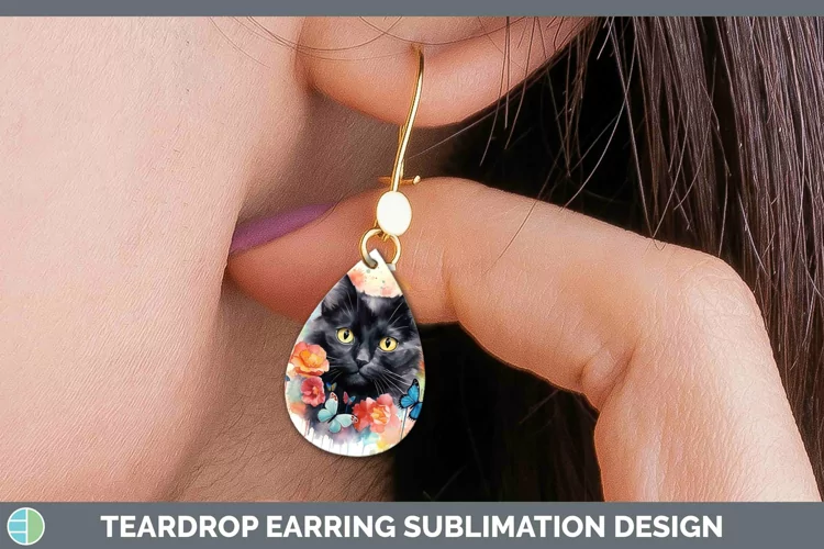 Watercolor Black Cat Teardrop Earrings Sublimation Earrings