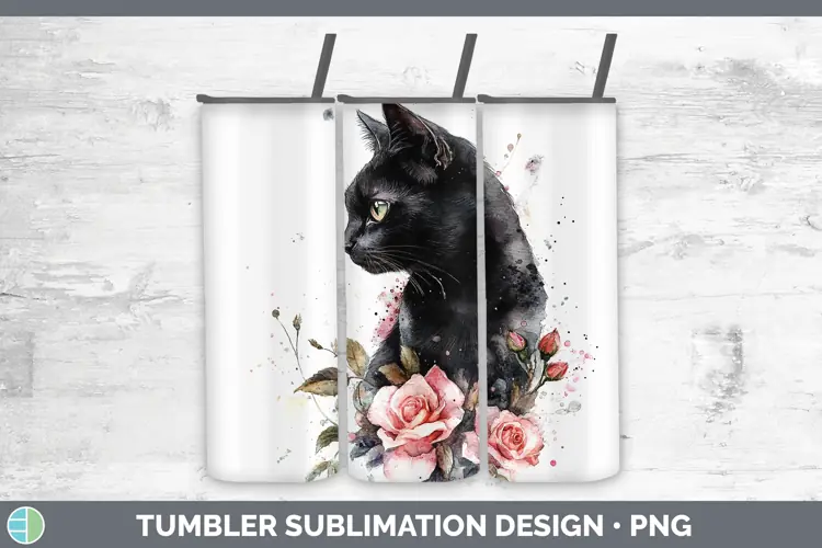 Watercolor Black Cat Tumbler Sublimation 20 oz Skinny Tumble