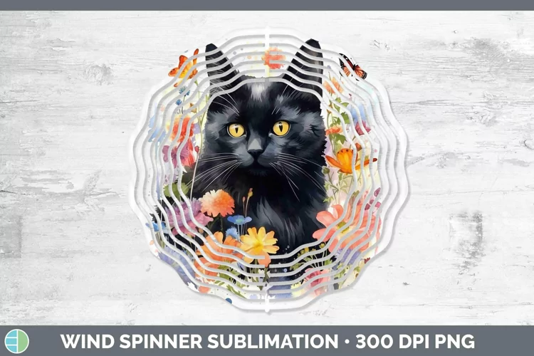 Watercolor Black Cat Wind Spinner Sublimation Spinner Design