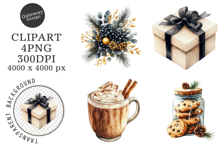 Watercolor Black Christmas Clipart