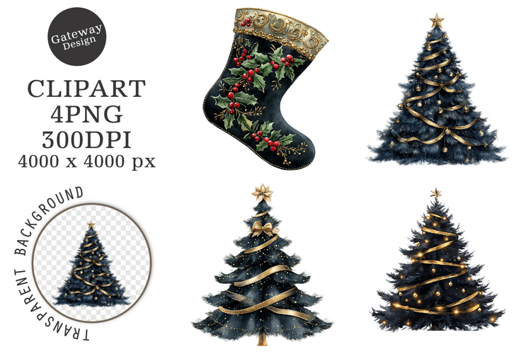 Watercolor Black Christmas Clipart