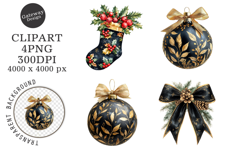 Watercolor Black Christmas Clipart