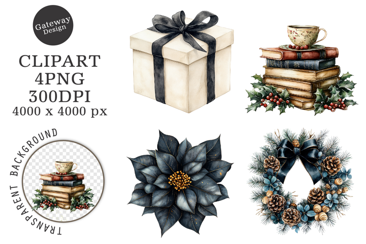 Watercolor Black Christmas Clipart