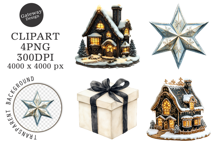 Watercolor Black Christmas Clipart
