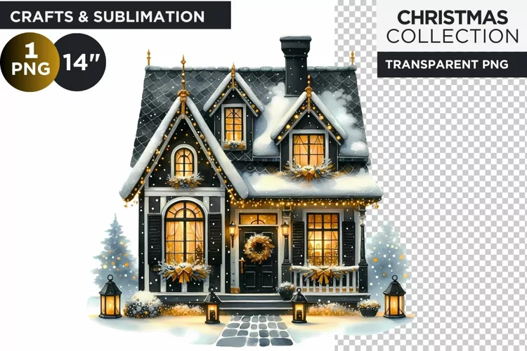Watercolor Black & Gold Christmas House Clipart PNG