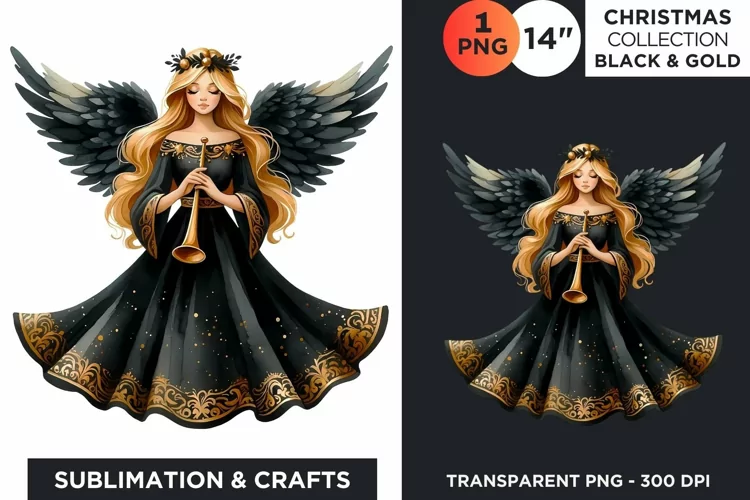 Watercolor Black & Gold Christmas Angel Clipart PNG