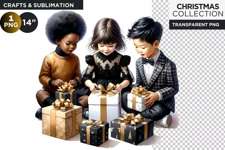 Black & Gold Christmas Kids with gifts Clipart PNG
