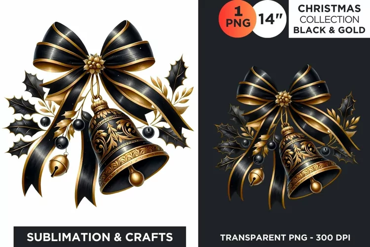 Watercolor Black & Gold Christmas Bells Clipart PNG