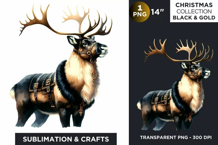 Black & Gold Santa reindeer Clipart PNG