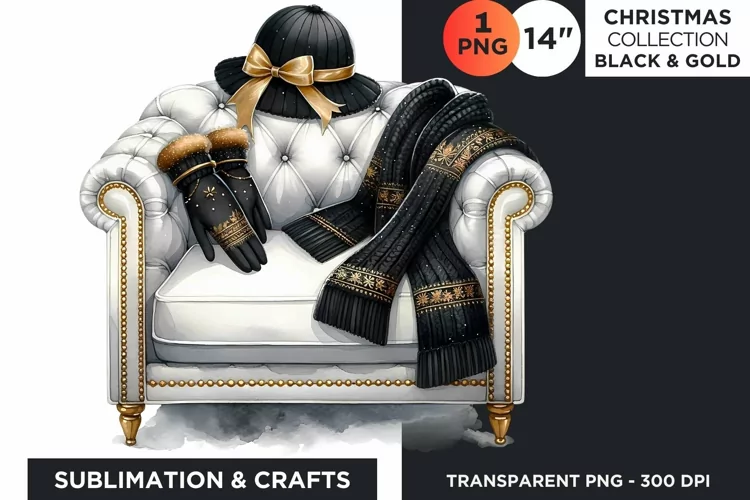 Watercolor Black & Gold Christmas Armchair Clipart PNG