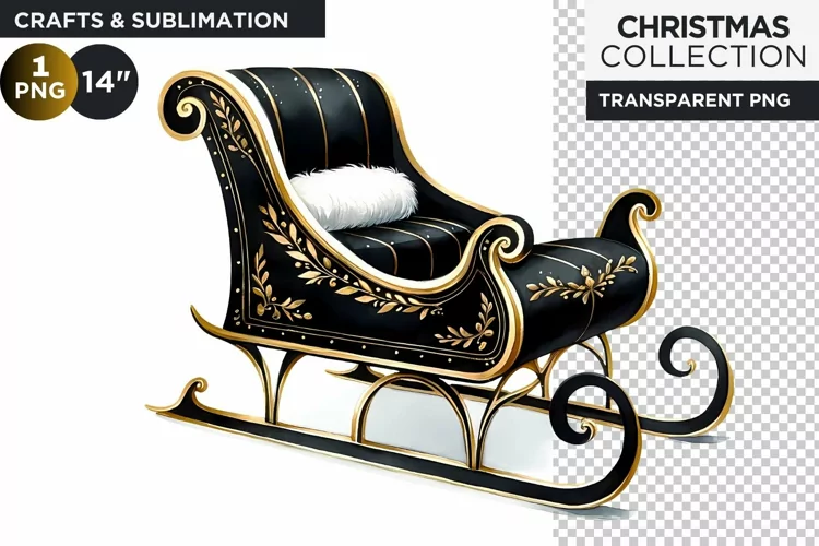 Black & Gold Christmas Sleigh Clipart PNG