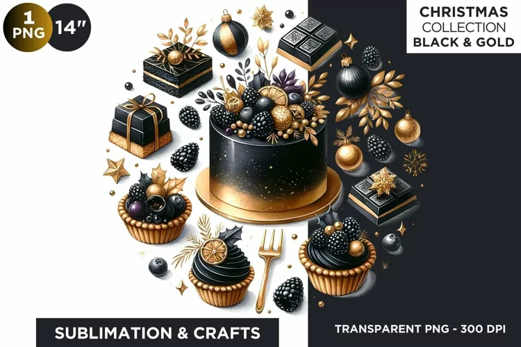Black & Gold Christmas Desserts and sweets Clipart