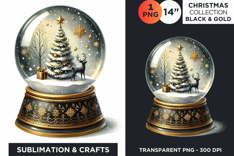 Watercolor Black & Gold Christmas Snowball Clipart PNG