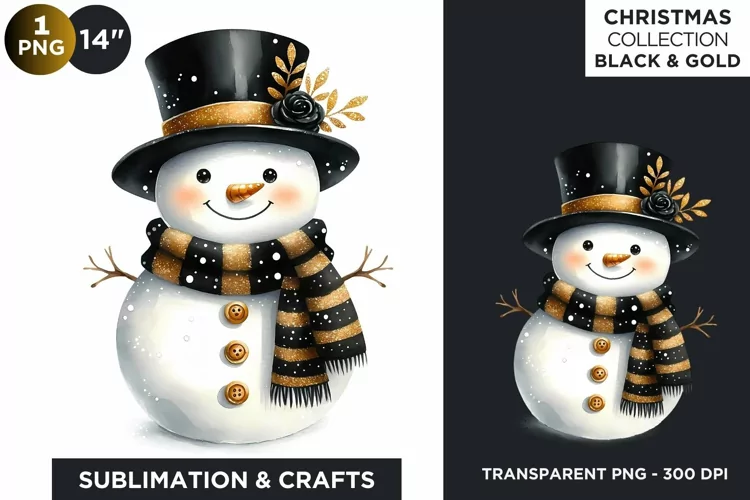 Black & Gold Christmas Snowman Clipart PNG