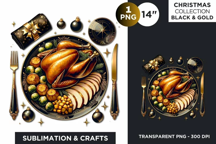 Watercolor Black & Gold Christmas Turkey Clipart PNG
