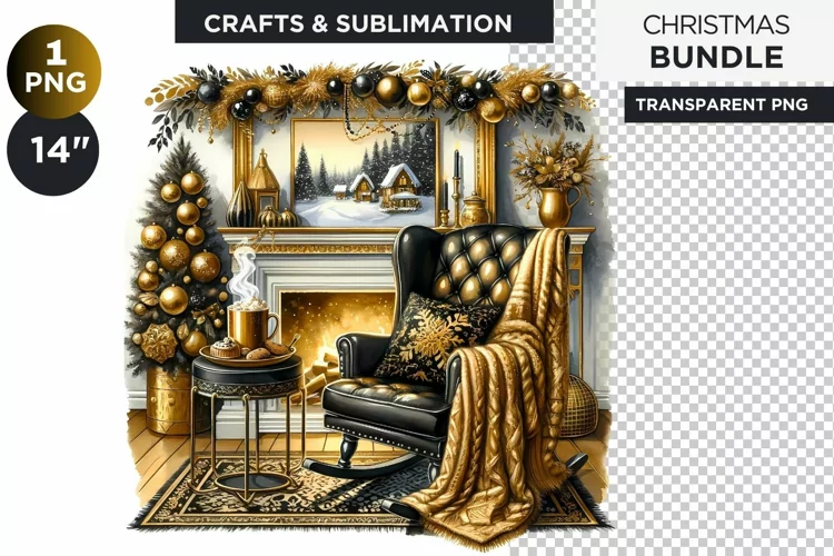 Watercolor Black & Gold Christmas fireplace Clipart PNG