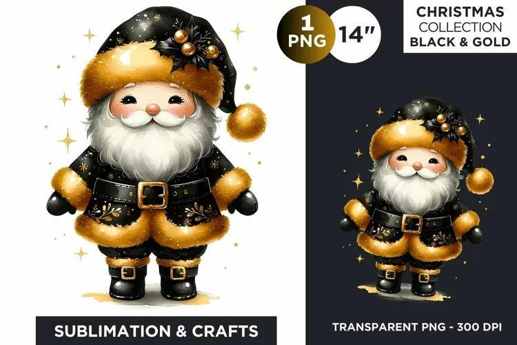 Black & Gold Cute Santa claus Clipart PNG