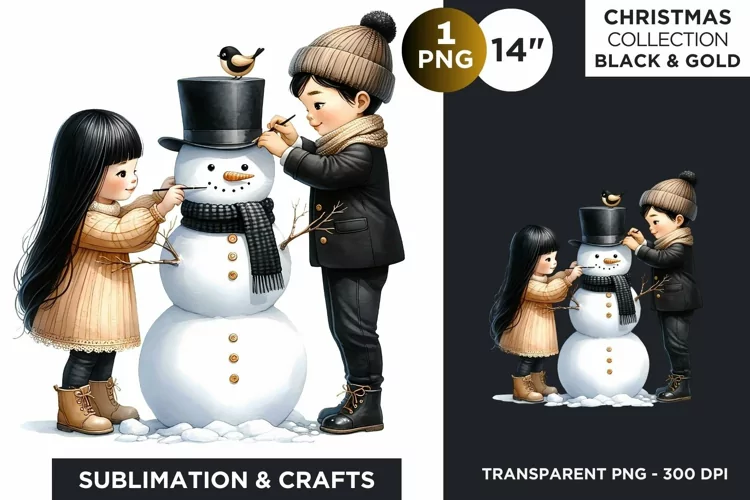 Black & Gold Christmas Kids with Snowman Clipart PNG