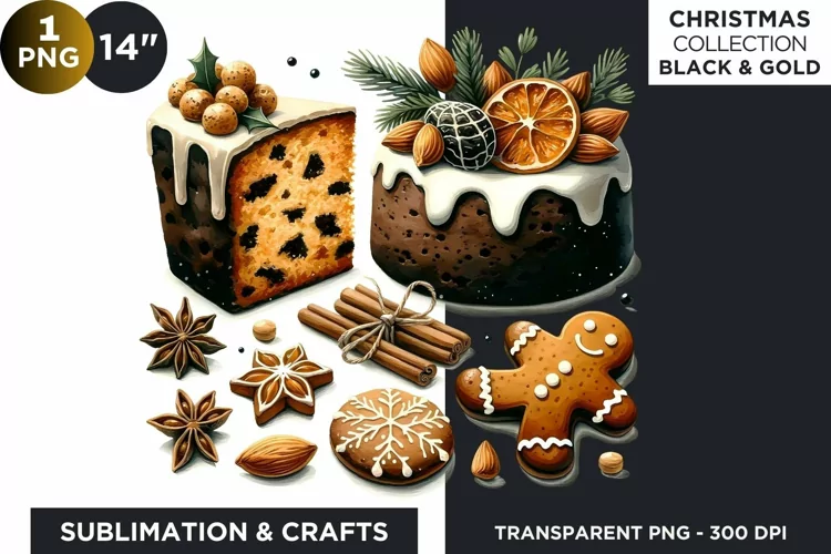Black & Gold Christmas Desserts and Cakes Clipart