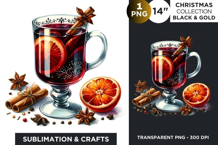 Black & Gold Christmas Hot wine Clipart PNG example image 1