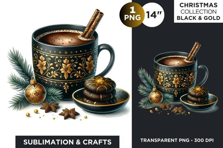 Black & Gold Christmas Hot Chocolate Clipart PNG example image 1