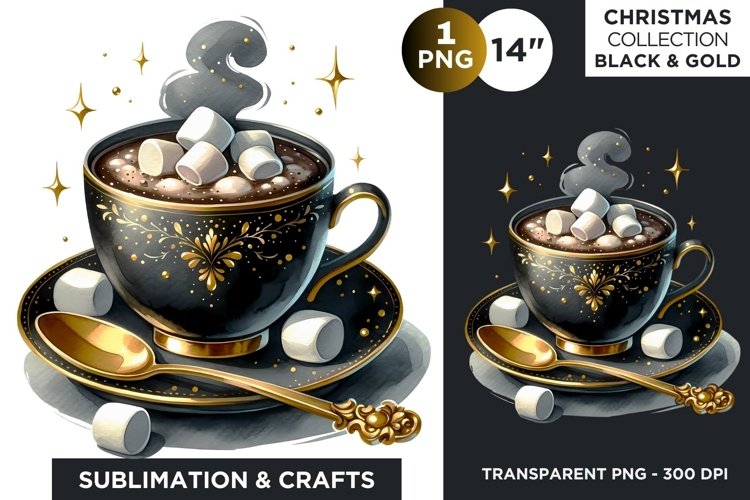 Black & Gold Christmas Hot Chocolate Clipart PNG