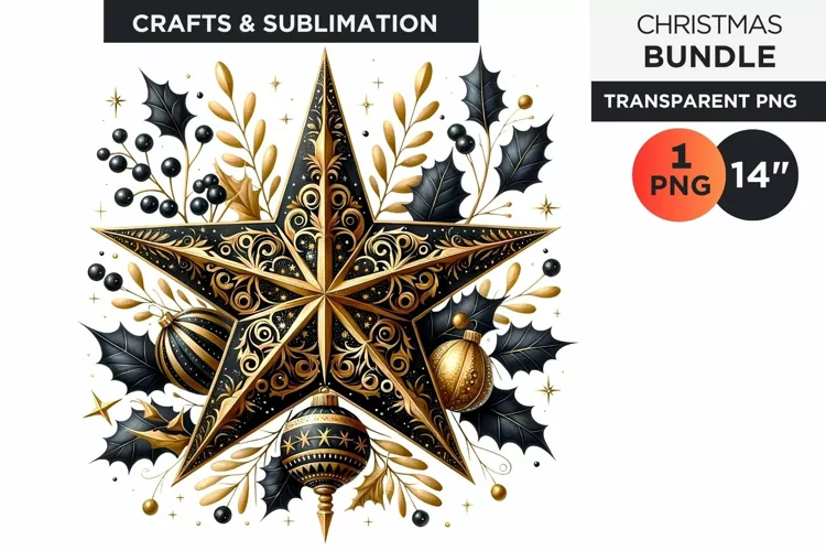 Watercolor Black & Gold Christmas Star Clipart PNG