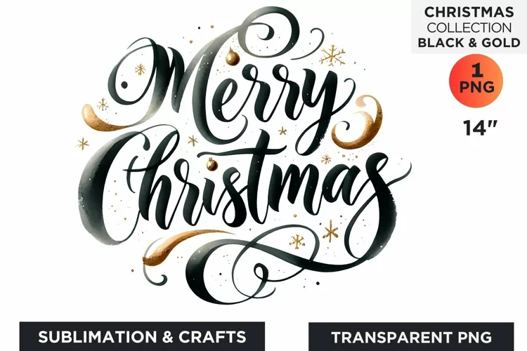 Watercolor Black & Gold Merry Christmas Clipart PNG