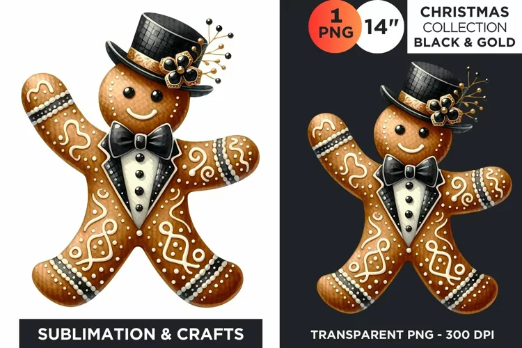 Watercolor Black & Gold Gingerbread Man Clipart PNG