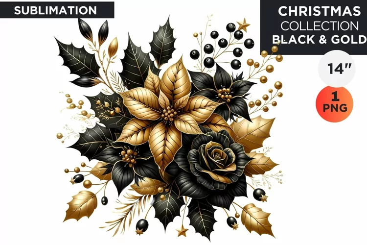 Watercolor Black & Gold Christmas Flowers Clipart PNG