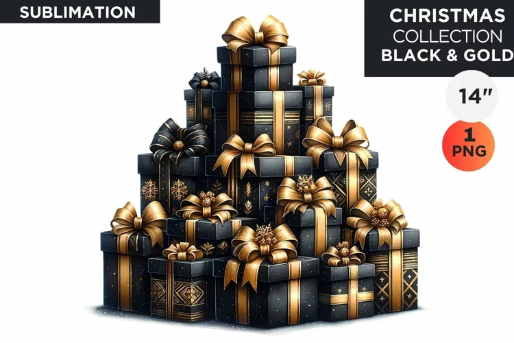 Watercolor Black & Gold Christmas Gifts Clipart PNG