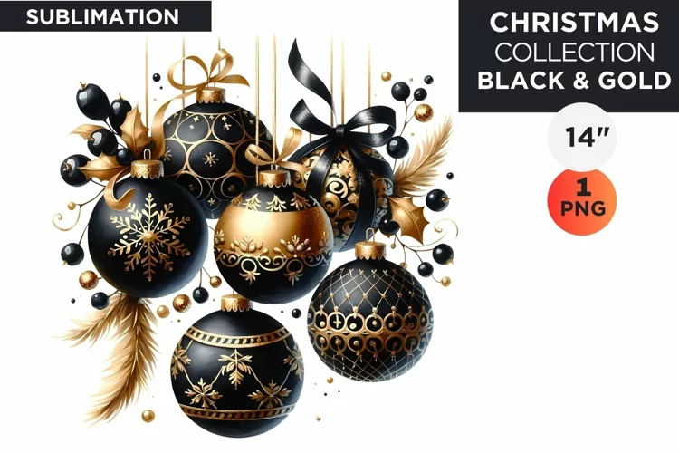 Watercolor Black & Gold Christmas Baubles Clipart PNG