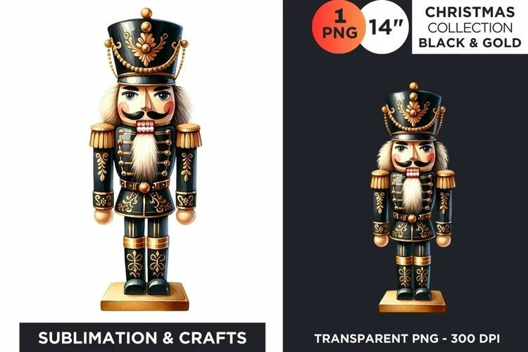 Watercolor Black & Gold Nutcracker Clipart PNG