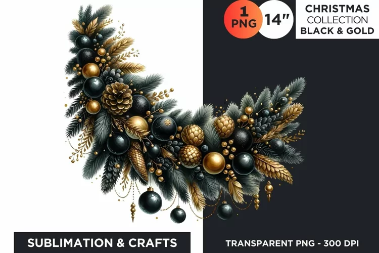 Watercolor Black & Gold Christmas ornament Clipart PNG