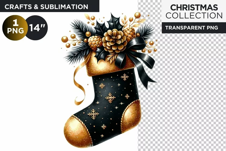 Watercolor Black & Gold Christmas Stocking Clipart PNG