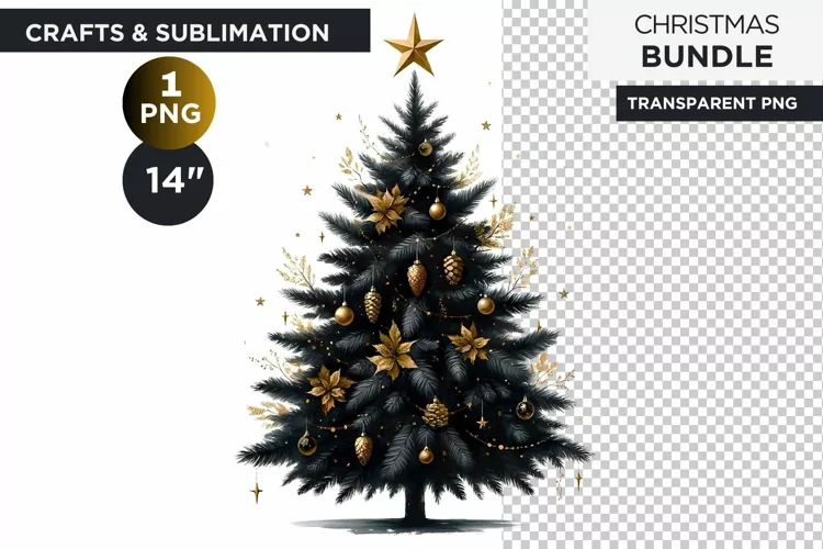 Watercolor Black & Gold Christmas tree Clipart PNG