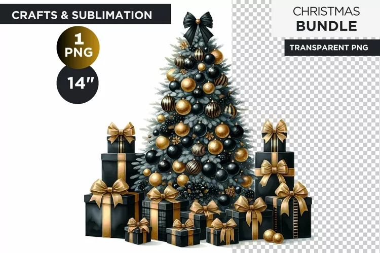 Black & Gold Christmas Tree and gifts Clipart PNG