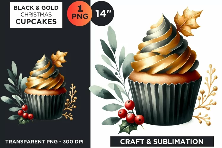 Black & Gold Christmas Cupcakes Clipart PNG