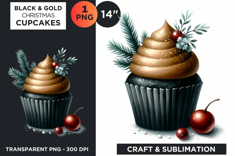 Black & Gold Christmas Cupcakes Clipart PNG